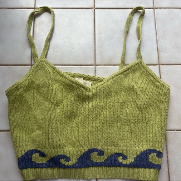 La Hearts Tops - La Hearts Olive Knit Top with Blue Waves
